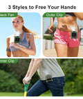 Rechargeable Portable Waist Fan 10000mAh With Five Speed Personal Clip On Belt Neck Fan shown in use on waist, neck, belt.