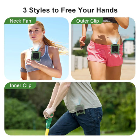 Rechargeable Portable Waist Fan 10000mAh With Five Speed Personal Clip On Belt Neck Fan shown in use on waist, neck, belt.