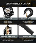 CREWORKS 3-Ton lever chain hoist with safety latch, industrial-grade hook, hardened steel gear, and nonslip handle.