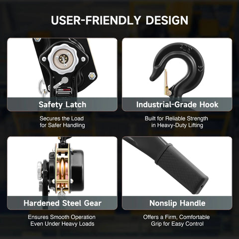 CREWORKS 3-Ton lever chain hoist with safety latch, industrial-grade hook, hardened steel gear, and nonslip handle.