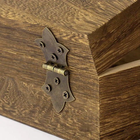 Eight Piece Antique Butterfly Hinges Set With Installation Screws for Vintage Wooden Boxes close-up on wooden box