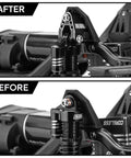 Heavy Duty Aluminum Shock Mount Height Lift Kit For 1/18 RC Crawler TRX4M Defender Bronco Upgrade Black CNC Machined Construction Adjustable Rise Improved Ground Clearance And Suspension Performance before and after installation