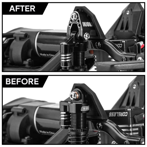 Heavy Duty Aluminum Shock Mount Height Lift Kit For 1/18 RC Crawler TRX4M Defender Bronco Upgrade Black CNC Machined Construction Adjustable Rise Improved Ground Clearance And Suspension Performance before and after installation