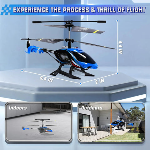 Rugged 2.4G RC Helicopter With LED Lights For Indoor And Outdoor Flight displayed on a platform with indoor and outdoor scenes.