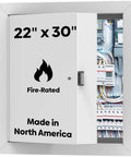 Heavy Duty Fire Rated Access Door Panel 22 By 30 Inch Steel Frame With Flange Two Inch Mineral Wool Insulation For Walls Or Ceilings Clean White Finish, open door view showing electrical wiring.