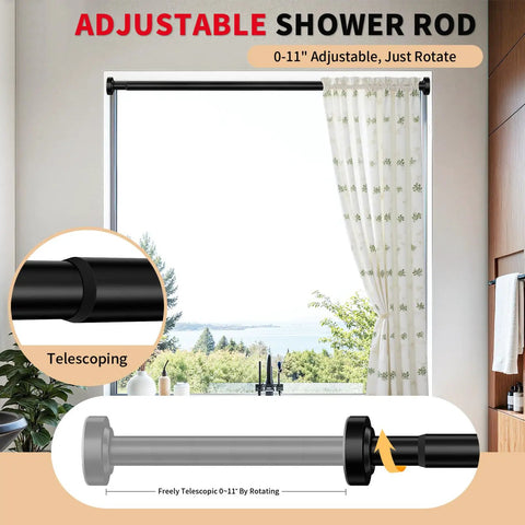 Black Stainless Steel Shower Curtain Rod 34 To 66 Inches Adjustable Tension Rod No Drilling No Rust Non Slip For Bathroom