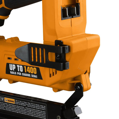 Close-up of 20V Cordless 2-In-1 18-Gauge Nailer And Stapler Tool Only For Quick Build Projects, showing nails per charge label