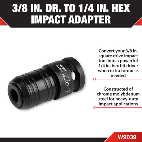 Rock Solid 3/8 To 1/4 Inch Hex Impact Adapter With Positive Locking Collar And Quick Change Swap For Heavy Bolt Busting, chrome molybdenum material