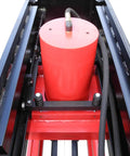 Pro Grade Heavy Duty 150 Ton Electric Hydraulic Shop Press With Adjustable Side Shifting Ram Cylinder, Massive 72 Inch Steel Base close-up of red ram cylinder.