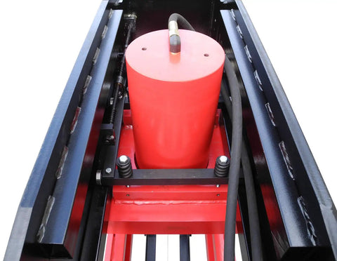 Pro Grade Heavy Duty 150 Ton Electric Hydraulic Shop Press With Adjustable Side Shifting Ram Cylinder, Massive 72 Inch Steel Base close-up of red ram cylinder.