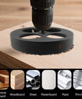 Rannb 9.5-inch bi-metal hole saw attached to a drill, cutting wood.