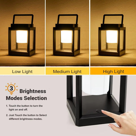 Outdoor Solar Lanterns Waterproof Hanging Lamps Portable Rechargeable LED Nightstand Table Lamp For Garden Patio Yard Lawn And Tabletop, Warm White Eye Caring Light With 3 Way Dimming And Cordless Convenience showing brightness settings and button control.