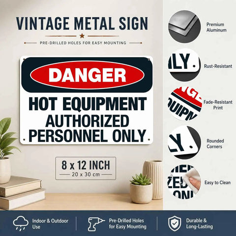 Danger Hot Equipment Warning Sign Authorized Personnel Only 8x12 Inch Aluminum Metal with features and size specifics displayed.