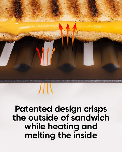Close-up of grilled cheese in Revolution Toastie Press Fits Any Toaster For Grilled Cheese Quesadillas And Paninis.