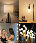 Collage with Dimmable LED Edison Globe Light Bulbs 2700K Warm White, 5W, illuminating living spaces and vanity mirrors.