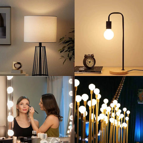 Collage with Dimmable LED Edison Globe Light Bulbs 2700K Warm White, 5W, illuminating living spaces and vanity mirrors.