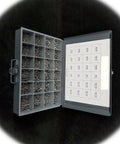 Open metal box displaying Pan Head Sheet Metal Screw Assortment Set 18 8 Stainless Steel 1705 Pieces Size 4 6 8 10 compartments
