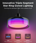 Modern Three Layer Pendant Lights For Kitchen Island Featuring Rgbic Smart Color Changing Strips And Dimmable Warm White Output, side view showing RGB effects.