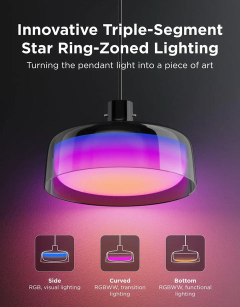 Modern Three Layer Pendant Lights For Kitchen Island Featuring Rgbic Smart Color Changing Strips And Dimmable Warm White Output, side view showing RGB effects.