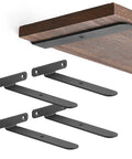Heavy Duty Hidden Floating Shelf Brackets, 4 Inch Black Metal L Brackets with smooth edges shown under wooden shelf.