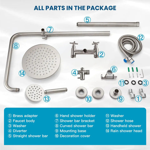 SUS304 Outdoor Shower System With Wall Mount parts layout, showing faucet set, shower heads, handles, and installation components.