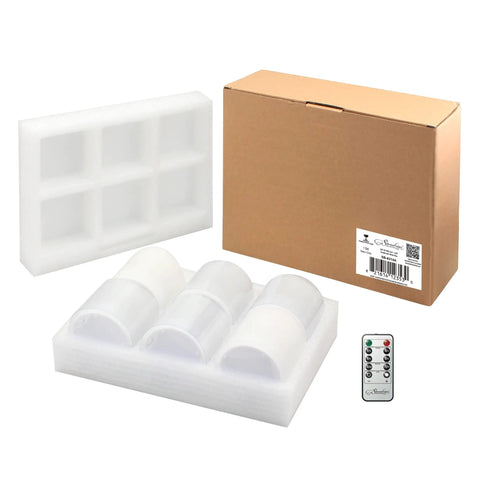 Packaging of Six Count Real White Wax Flameless LED Pillar Candles 3 By 4 Inches With Remote And Timer Dimmable Flicker Battery Powered