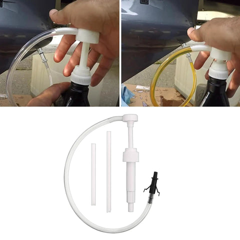 Heavy Duty Transmission Fluid Transfer Pump Kit Featuring Extended Clear Hose And Swivel Tip For Hassle Free Differential Gear Oil Change On Hot Rods Trucks And Marine Rigs Zero Sweat Design White, showing pump in action.