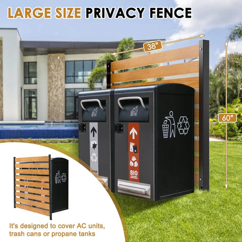 Wood Outdoor Privacy Fence Screen For Air Conditioner Unit, Trash Can Enclosure And Pool Gear, 60 Inch High By 38 Inch Wide Panels For Backyard Privacy shown next to trash bins on grass