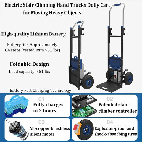 Heavy Duty Electric Stair Climbing Dolly With 551 Lb Load Capacity for super smooth lifting and moving heavy objects, featuring lithium battery.