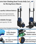 Heavy Duty Electric Stair Climbing Dolly With 1200 Watt Motor And Telescoping Handle For Hauling Up To 551 Lbs on stairs with features highlighted.