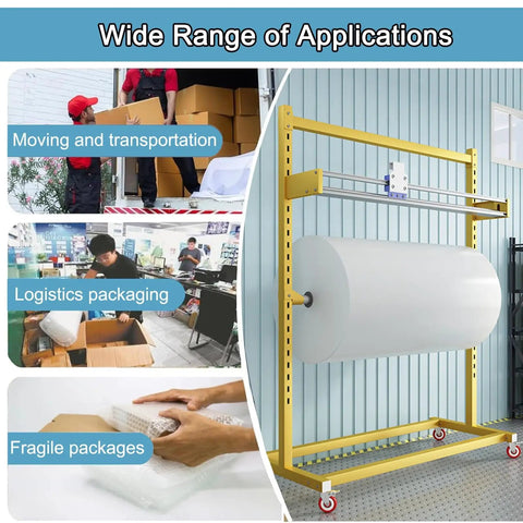 Freestanding Manual Bubble Wrap Dispenser For Smooth Shipping Setup Vertical Roll Holder. Used for moving and logistics packaging.