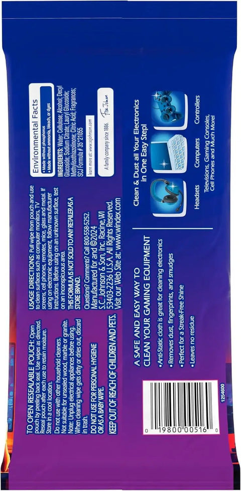 Back view of Gaming Cleaning Wipes Ammonia Free Premoistened For Consoles Controllers Headsets And All Electronics Resealable 25 Count Pack