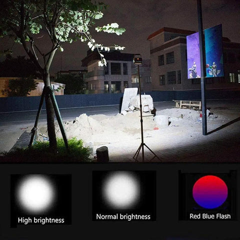 Spot Lighting 500W 130 LEDs Floodlight Tripod Stand Portable Rechargea,， illuminated night scene showing high and normal brightness options.