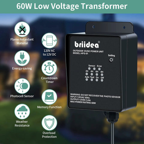 Outdoor Low Voltage Transformer 60W 120V AC to 12V DC for Landscape Lights with Countdown Timer and Photocell Sensor