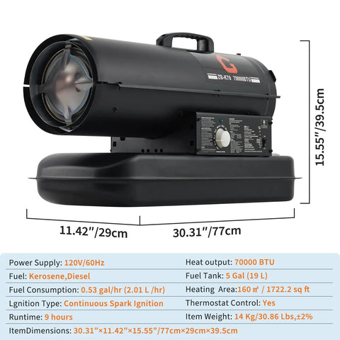 Pro Level 70000 Btu Kerosene And Diesel Forced Air Heater Blows Serious Heat With Zero Hassle Using Integrated Thermostat Control For Warehouses, Workshops, And Active Job Sites, showing dimensions and design details.