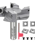 Heavy Duty Half Inch Shank Two And A Half Inch Cutting Diameter CNC Spoilboard Surfacing Router Bit With Four Wing Replaceable Industrial Grade Carbide Tipped Inserts For Slab Flattening Bottom Cleaning And Woodworking Milling, shown with inserts and screws