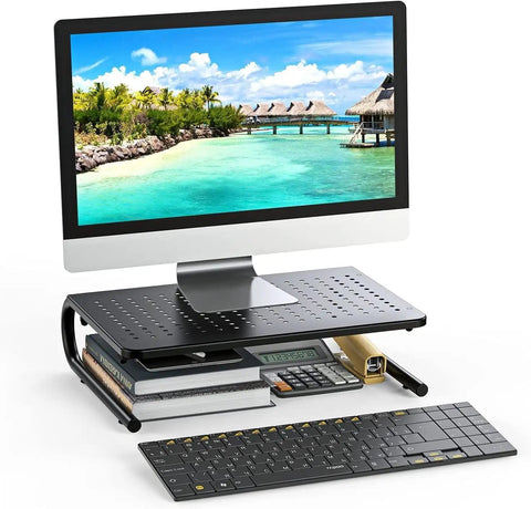 Desktop Monitor Stand With Dope Ventilated Perforated Steel Design used as a computer shelf with desk organizer and laptop shelf.