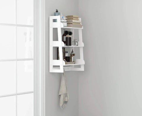 Over Toilet Bathroom Wall Shelf Organizer 3 Tier Wall Mount Shelf Rack With Hooks White Finish in small bathroom corner
