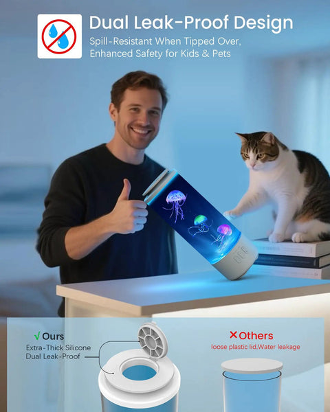 Man demonstrating dual leak-proof Jellyfish Lamp Bluetooth Speaker With White Noise next to curious cat for home decor safety.