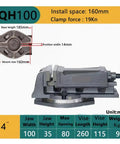 QH100 100mm Swivel Base Milling Vise Hardened Alloy Steel Precision Holding for drilling, showing measurements and clamp specifications.