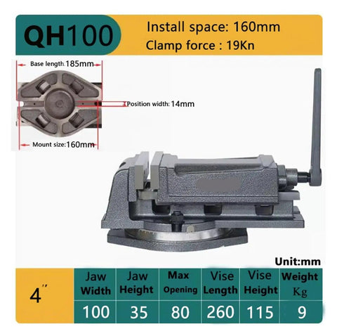 QH100 100mm Swivel Base Milling Vise Hardened Alloy Steel Precision Holding for drilling, showing measurements and clamp specifications.