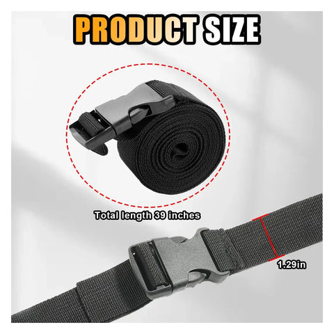 Heavy Duty 39 Inch Adjustable Car Battery Box Tie Down Straps 2 Pack rolled strap with plastic buckle showing size details.