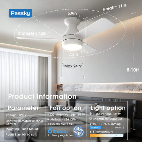 Low Profile 42 Inch Ceiling Fan With Lights Remote Control And Pull Chain Flush Mount Reversible Blades Dimmable LED Display