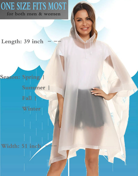 Model wearing 2 Pack Reusable Adult Rain Ponchos Emergency Waterproof Rain Coat With Drawstring Hood Heavy Duty EVA Gear.