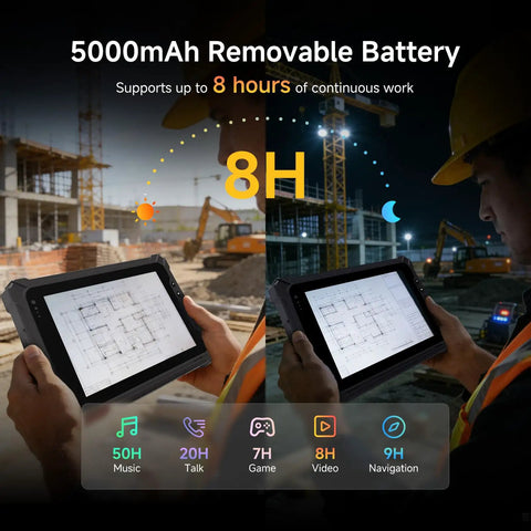 Beefed Up Eight Inch Rugged Tablet Running Windows 11 Pro With Honeywell N4680 Scanner For Quick 1D And 2D QR Code Swiping In Warehouses Or Retail Shops Packing EightGb Ram Plus 128Gb Storage Inside An Ip65 Drop Resistant Shell with a 5000mAh battery in a construction site.