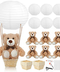 Six Set Large Hot Air Balloon Centerpiece Kit With 13.7 Inch Plush Bears White Paper Lantern Baskets Sticks And Glue Gun For Baby Shower Gender Reveal Wedding And Birthday Party Decor displayed with components