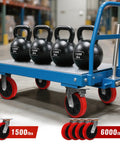 8 By 2 Inch Heavy Duty Polyurethane Caster Wheels Set Of 4 Industrial Rolling Casters With Two Swivel Brakes And Two Fixed Rigid Options Rated For 6000 Pound Load on a cart with kettlebells.