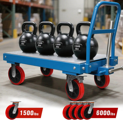 8 By 2 Inch Heavy Duty Polyurethane Caster Wheels Set Of 4 Industrial Rolling Casters With Two Swivel Brakes And Two Fixed Rigid Options Rated For 6000 Pound Load on a cart with kettlebells.