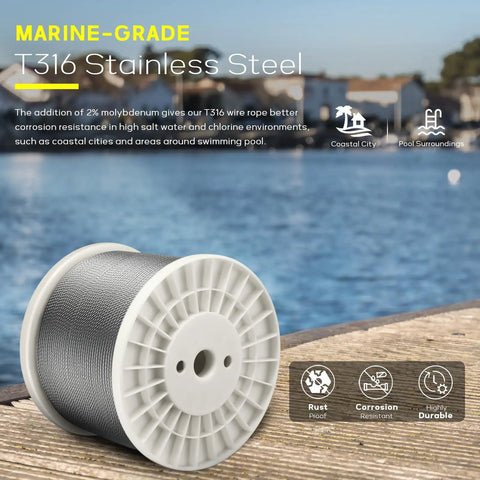 600 Ft One Eighth Inch T316 Stainless Steel Aircraft Cable For Deck Railing Kit And DIY Balustrades, 7x7 Construction With Cutter on a dock