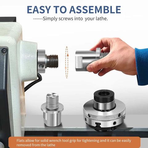 Precision Hardened Steel Woodworking Lathe Headstock Spindle Adapter being attached to lathe for 3/4 to 1 inch chuck swap.